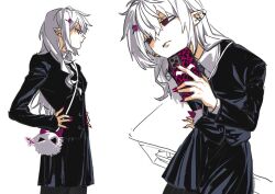  1girl alternate_costume animal_print bag black_jacket black_necktie black_pantyhose black_skirt blazer cellphone closed_mouth collared_shirt cowboy_shot desk ear_cuffs earrings empty_eyes fingernails food-themed_hair_ornament from_above from_side hair_between_eyes hair_ornament hand_on_own_hip hands_on_own_hips head_tilt holding holding_phone hoop_earrings jacket jewelry leopard_print long_fingernails long_hair long_sleeves looking_ahead looking_to_the_side mole mole_under_eye multiple_views necktie nijisanji on_desk pantyhose phone piercing pleated_skirt pointy_ears red_eyes red_nails sanya_(kuzuha) serious sharp_fingernails shirt shoulder_bag sidelocks sishuiloe_1994 sitting skirt smartphone strawberry_hair_ornament tsurime wavy_hair white_background white_bag white_hair white_shirt wing_collar 