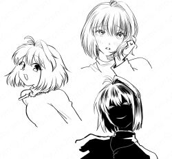  1girl ahoge arcueid_brunestud blush crazy_eyes crazy_smile hair_between_eyes hair_intakes hand_on_own_face jewelry lineart looking_at_viewer metarogu necklace open_mouth profile shaded_face short_hair sketch smile sweater tsukihime tsukihime_(remake) turtleneck turtleneck_sweater 