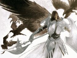  1boy animal_head armor arms_up bird bird_boy breastplate commentary_request cruentum_noctis elden_ring elden_ring_nightreign english_commentary faulds furry furry_male gauntlets guardian_(elden_ring) hawk highres holding holding_polearm holding_shield holding_weapon male_focus mixed-language_commentary polearm shield simple_background single_wing solo weapon white_background wings 