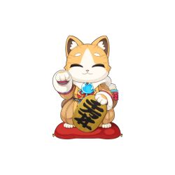  1boy :3 brown_coat cat_boy chibi chibi_only closed_eyes closed_mouth coat coin cushion full_body fur_coat furry furry_male gold jewelry koban_(gold) magatama magatama_necklace male_focus maneki-neko necklace official_art paw_pose ragnarok_online simple_background smile solo spirit_handler_(ragnarok_online) transparent_background yuichirou zabuton 