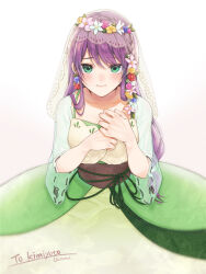  1girl artist_name blue_flower braid brown_corset closed_mouth commission commissioner_name corset cowboy_shot crown_braid dress fidgeting flower flower_wreath green_dress green_eyes highres long_hair looking_at_viewer nervous original oshamu pink_flower purple_hair ribbon-trimmed_sleeves ribbon_trim see-through_clothes see-through_sleeves see-through_veil simple_background skeb_commission sleeveless sleeveless_dress solo swept_bangs veil white_background white_flower yellow_flower 