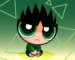  1boy black_hair black_pants black_shoes blunt_bangs butch_(ppg) child crossed_legs facing_viewer gradient_background green_background green_eyes green_shirt hanasaki_kanitchi long_sleeves looking_at_viewer pants parted_bangs powerpuff_girls sad shirt shoes sitting sneakers solo spiky_hair striped_clothes striped_shirt triangle white_shoes yellow_background 