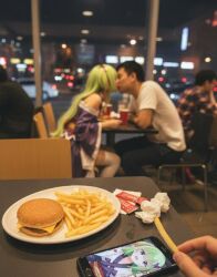  2girls 4boys :d asian black_pants blurry blurry_background bokeh burger car cellphone cosplay cosplay_photo cowboy_shot depth_of_field dress food french_fries green_hair indoors japanese_clothes ketchup_packet kiss leaning_forward long_hair motor_vehicle multiple_boys multiple_girls murasame_(senren) murasame_(senren)_(cosplay) netorare night pale_skin pants phone photo_(medium) pov purple_dress real_life red_ribbon restaurant ribbon senren_banka shirt sitting smartphone smile solo_cup t-shirt table thigh-highs used_tissue violet_eyes watching white_shirt white_thighhighs white_trim wide_sleeves wig yuzi1145140704 zettai_ryouiki 