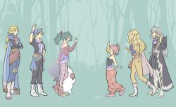  3boys 3girls ankle_boots armor ascot bandana bare_shoulders black_bodysuit black_coat black_jacket black_pants black_shirt blonde_hair blue_cape blue_eyes blue_ribbon bodysuit boots cape celes_chere circlet coat crossed_arms detached_sleeves earrings edgar_roni_figaro final_fantasy final_fantasy_vi forest green_hair grey_hair hair_ribbon hand_on_own_hip hat high_heel_boots high_heels highres ika_okura_66 jacket jewelry locke_cole long_hair looking_at_another low_ponytail mog moogle multiple_boys multiple_girls nature pants pantyhose parted_bangs pink_hat pink_shoes ponytail purple_ascot red_boots red_pants relm_arrowny ribbon scar scar_across_eye scar_on_face setzer_gabbiani shirt shoes short_hair smile strapless strapless_shirt terra_branford thigh_boots waving white_boots wristband yellow_jacket yellow_pants 