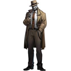  1boy arknights brown_coat brown_hat coat facial_hair full_body hat holding holding_smoking_pipe male_focus mustache official_art robot shutun simple_background smoking_pipe solo standing tachi-e third-party_source tin_man_(arknights) transparent_background trench_coat 