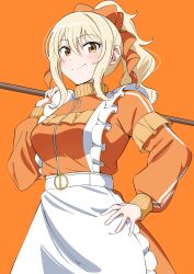  1girl absurdres apron blonde_hair bow breasts closed_mouth commentary_request cowboy_shot dress frilled_apron frills hair_between_eyes hair_bow hand_on_own_hip high_ponytail highres holding jersey_maid long_hair long_sidelocks long_sleeves looking_at_viewer love_live! love_live!_nijigasaki_high_school_idol_club maid medium_breasts miyashita_ai official_alternate_costume orange_background orange_bow orange_dress orange_eyes ponytail puffy_long_sleeves puffy_sleeves sidelocks simple_background smile solo split_mouth uchuu_no_mozuku unconventional_maid waist_apron white_apron 