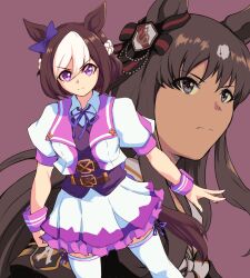  2girls absurdres animal_ears blue_eyes bow braid brown_hair closed_mouth collared_shirt cropped_jacket ear_bow ear_ribbon grass_wonder_(stone-piercing_blue)_(umamusume) grass_wonder_(umamusume) half_up_braid highres horse_ears horse_girl horse_tail jacket long_hair long_sleeves looking_at_viewer multicolored_hair multiple_girls purple_bow purple_ribbon purple_vest ribbon sailor_collar shirt short_hair short_sleeves skirt smile special_week_(special_dreamer)_(umamusume) special_week_(umamusume) tail thigh-highs two-tone_hair umamusume vest violet_eyes white_hair white_jacket white_sailor_collar white_shirt white_skirt white_thighhighs windg0 wrist_cuffs 
