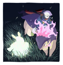  1girl akari_(pokemon) black_background black_hair black_sash blue_coat border coat fire full_body galaxy_expedition_team_survey_corps_uniform headscarf hisuian_typhlosion isutai leg_warmers long_hair looking_at_object on_grass outdoors pokemon pokemon_(creature) pokemon_legends:_arceus ponytail purple_fire purple_fur red_scarf riding riding_pokemon sash scarf sidelocks standing two-tone_fur white_border white_headscarf white_leg_warmers yellow_fur 