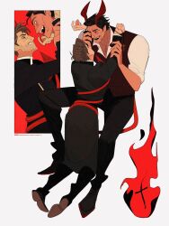  2boys alternate_universe arms_up beard_stubble black_hair black_pants black_robe black_shoes brown_eyes brown_hair clenched_teeth collared_robe collared_shirt demon_boy demon_horns demon_tail dingnin98201637 facial_hair highres horns layered_sleeves male_focus marvel miguel_o&#039;hara multiple_boys open_collar open_mouth pants peter_b_parker pointy_ears popped_collar priest red_eyes red_horns red_vest robe shirt shoes sleeves_rolled_up spider-man:_across_the_spider-verse spider-man_(series) spider-verse stubble tail tail_wrap teeth vest white_background white_shirt 