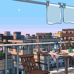  animated animated_gif book bread bread_slice building chair city cityscape crescent_moon cup evening food fried_egg fried_egg_on_toast gradient_sky highres laundry laundry_pole looping_animation moon mug no_humans original outdoors plant potted_plant railing rooftop satou_oyasumi scenery sky steam toast vase 