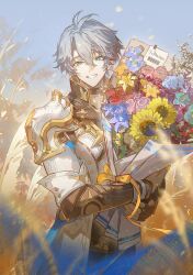  1boy antenna_hair arm_guards armor black_pants blue_eyes blue_flower blue_sky bouquet breastplate collared_shirt daffodil dot_nose flower grey_hair grin hair_between_eyes hashtag-only_commentary highres holding holding_bouquet honkai:_star_rail honkai_(series) leaf lily_(flower) looking_at_viewer male_focus ming_zhentan_allk outdoors pants pauldrons phainon_(honkai:_star_rail) plant popped_collar red_flower ribbon shirt short_hair shoulder_armor sky smile solo standing sunflower teeth wheat yellow_flower yellow_ribbon 