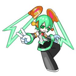  1girl android aqua_hair aqua_necktie bare_shoulders black_sleeves cyber_elf_(mega_man) detached_hair detached_sleeves full_body gloves green_eyes grey_shirt hair_ornament hatsune_miku hayebsi highres long_hair looking_at_viewer mega_man_(series) mega_man_zero_(series) necktie open_mouth robot robot_girl shirt simple_background skirt sleeveless sleeveless_shirt smile solo spring_onion thigh-highs twintails v very_long_hair vocaloid white_background white_gloves 