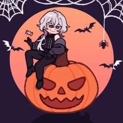  1boy a_date_with_death bat_(animal) black_eyes black_gloves black_shirt bug candy casper_(a_date_with_death) chibi chibi_only elbow_rest food full_body gloves grey_jacket highres jacket jacket_partially_removed jellyfish_cut knee_up male_focus muscular muscular_male official_art promotional_art pumpkin shirt short_hair silk sitting sleeveless sleeveless_shirt smile solo spider spider_web variant_set white_hair 