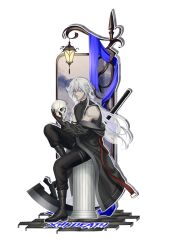  1boy a_date_with_death black_gloves black_jacket black_shirt blue_scarf boots brick_floor casper_(a_date_with_death) death_(tarot) exhausted full_body gloves hair_over_shoulder highres holding holding_skull jacket jacket_partially_removed jellyfish_cut lamppost looking_at_viewer male_focus muscular muscular_male official_art outline outside_border pedestal promotional_art red_eyes scarf shirt sitting skull sky sleeveless sleeveless_shirt solo star_(sky) starry_sky tarot white_hair white_outline 