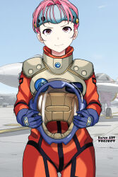  1girl aircraft canards clouds commentary_request english_text fire_bomber headgear helmet highres holding holding_unworn_helmet looking_at_viewer macross macross_7 mecha_pilot_suit mylene_jenius pink_hair red_eyes science_fiction sky spacesuit temisu_no_nageki unworn_headwear unworn_helmet variable_fighter vf-11_maxl 
