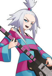  1girl :d aqua_eyes bass_guitar commentary dress grey_hair guitar_strap hair_bobbles hair_ornament highres holding holding_instrument instrument long_hair long_sleeves looking_down off-shoulder_dress off_shoulder open_mouth plectrum pokemon pokemon_bw2 roxie_(pokemon) simple_background smile solo spottylen striped_clothes striped_dress teeth tongue topknot upper_teeth_only white_background 