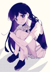  1girl artistic_error backlighting bare_arms black_shoes blush bow bowtie bright_pupils closed_mouth collared_shirt different_shadow double-parted_bangs from_above full_body hair_behind_ear hair_between_eyes halftone halftone_background hugging_own_legs kneehighs knees_up long_hair looking_at_viewer mari_(headspace)_(omori) mari_(omori) miniskirt omori pleated_skirt purple_hair purple_sweater_vest shirt shoes short_sleeves simple_background sitting skirt smile socks solo something_(omori) straight_hair sweater_vest tareme very_long_hair violet_eyes white_pupils xox_xxxxxx yellow_background 