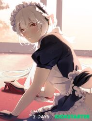  1boy a_date_with_death aegyo_sal apron black_dress black_gloves bow carpet casper_(a_date_with_death) countdown cowboy_shot dress gloves gyakkou_no_lens_flare_(project_sekai) hair_between_eyes hair_bow hair_over_shoulder highres jellyfish_cut looking_at_viewer maid maid_apron maid_headdress male_focus official_art on_ground promotional_art red_eyes solo white_apron white_hair 