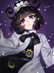  1girl :o belt belt_buckle black_dress black_hair black_ribbon blunt_bangs bob_cut buckle coat dress eyelashes ghost_0101 gwynn_(pokemon) hat highres long_sleeves looking_at_viewer mega_stone o-ring o-ring_belt open_clothes open_coat open_mouth pokemon pokemon_legends:_z-a purple_background ribbon short_hair solo violet_eyes white_coat 
