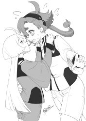  2girls 715piro_gon absurdres asticassia_school_uniform blush commentary_request flying_sweatdrops food greyscale gundam gundam_suisei_no_majo hairband hands_on_another&#039;s_shoulders highres long_hair miorine_rembran monochrome multiple_girls open_mouth pocky pocky_day pocky_kiss ponytail school_uniform shorts suletta_mercury thick_eyebrows yuri 