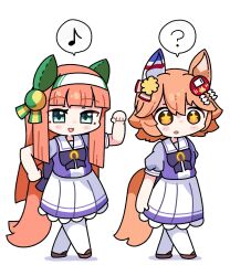  +_+ 2girls ? animal_ears blue_eyes blunt_bangs blush bow bowtie chibi clover_hair_ornament daruma_doll daruma_doll_hair_ornament ear_covers flipped_hair four-leaf_clover_hair_ornament good_fortune_symbol green_eyes hair_between_eyes hair_ornament hairband highres hime_cut horse_ears horse_girl horse_tail long_hair looking_at_viewer matikanefukukitaru_(umamusume) multiple_girls musical_note open_mouth orange_hair orange_tail puffy_short_sleeves puffy_sleeves purple_bow purple_bowtie purple_shirt sailor_collar sailor_shirt school_uniform shirt short_hair short_sleeves silence_suzuka_(umamusume) single_ear_cover skirt smile speech_bubble spoken_musical_note spoken_question_mark star-shaped_pupils star_(symbol) symbol-shaped_pupils tail temu_(kobaeihuk) thigh-highs tracen_school_uniform umamusume white_hairband white_sailor_collar white_skirt white_thighhighs 