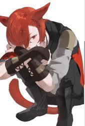  1boy animal_ears atikiotaku black_boots black_gloves black_pants boots cat_boy cat_ears cat_tail commentary_request facial_mark final_fantasy final_fantasy_xiv full_body g&#039;raha_tia gloves grin hair_over_one_eye long_sleeves male_focus miqo&#039;te one_eye_covered pants red_eyes simple_background smile solo squatting tail teeth white_background 