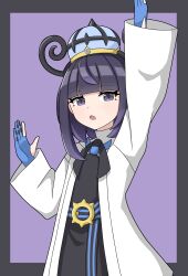  1girl :o absurdres arm_up belt black_belt black_dress blue_belt blue_gloves blunt_bangs border coat commentary_request dress eyelashes gloves grey_border gwynn_(pokemon) hat highres long_sleeves looking_at_viewer magnemite10718 mega_stone o-ring o-ring_belt open_clothes open_coat open_mouth outside_border partially_fingerless_gloves pokemon pokemon_legends:_z-a purple_background purple_hair short_hair solo two-tone_belt violet_eyes white_coat 