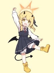  1girl :d arm_up black_dress black_ribbon bloomers blue_archive boots clenched_hand collared_shirt commentary_request demon_girl demon_horns demon_tail demon_wings dress dress_shirt fang full_body hair_ribbon halo highres horns ibuki_(blue_archive) long_sleeves low_wings medium_hair neck_ribbon no_headwear open_mouth orange_halo partial_commentary pleated_dress red_ribbon ribbon shirt sidelocks simple_background skin_fang sleeveless sleeveless_dress smile solo standing standing_on_one_leg synaaap tail twintails upskirt white_bloomers white_shirt wings yellow_background yellow_boots 
