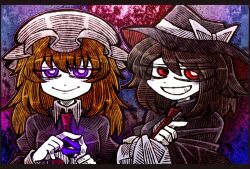  2girls black_capelet black_hat blonde_hair blush blush_stickers bow brown_hair capelet collar crossed_arms dress grin hat hat_bow long_dress long_sleeves maribel_hearn medium_hair mob_cap multiple_girls necktie pink_necktie purple_dress red_eyes shirt sleeve_cuffs smile smug suenari_(peace) touhou usami_renko violet_eyes white_bow white_collar white_hat white_shirt 