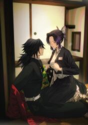  1boy 1girl belt black_hair black_jacket black_pants blue_eyes demon_slayer_uniform highres indoors jacket kimetsu_no_yaiba kochou_shinobu long_hair low_ponytail niku_(ni23ku) pants parted_lips ponytail profile purple_hair sitting teeth tomioka_giyuu undressing white_belt 