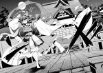  alternate_costume barefoot bow branch closed_eyes comic detached_sleeves dutch_angle full_moon gohei hair_bow hair_tubes hakurei_reimu hakurei_shrine japanese_clothes long_hair miko monochrome moon ritual touhou translation_request tsurukame 