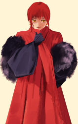  1girl absurdres black_gloves chainsaw_man closed_mouth fur_shawl gloves highres makima_(chainsaw_man) mitsuru_time red_hair red_robe robe shawl sidelocks simple_background solo yellow_background yellow_eyes 