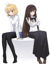  2girls ahoge arcueid_brunestud bad_id bad_twitter_id black_pantyhose black_ribbon black_skirt blonde_hair blue_eyes blue_skirt blush brown_hair coti_neko crossed_arms formal_clothes hair_intakes hair_ornament hairband hairpin heart highres jewelry long_hair looking_at_another miniskirt multiple_girls necklace pantyhose red_eyes ribbon shirt short_hair sitting skirt sweater tohno_akiha tsukihime tsukihime_(remake) turtleneck turtleneck_sweater white_background white_shirt white_sweater 