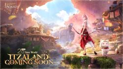  3d :3 armlet artist_request bare_shoulders belt blue_sky blunt_bangs bow_(weapon) bracelet brown_eyes brown_sandals cloak clouds commentary copyright_logo crop_top day dock english_commentary english_text falling_leaves flag gold_armlet gold_belt gold_bracelet hands_on_own_hips happy highres holding holding_bow_(weapon) holding_weapon hood hood_up hooded_cloak infinity_nikki jewelry key_visual layered_skirt leaf lens_flare light_particles light_rays log logo long_skirt maid_headdress midriff momo_(nikki) mountainous_horizon nikki_(nikki) nikki_(series) official_alternate_costume official_art outdoors pink_hair pleated_skirt promotional_art red_scarf red_skirt river sandals scarf second-party_source shirt short_hair skirt sky strapless strapless_shirt vase water waterfall weapon whiskers white_cloak white_shirt white_skirt 