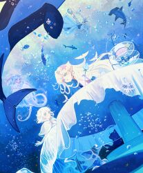  absurdres air_bubble blue_flower blue_rose blue_theme bubble butterflyfish clam clam_shell commentary commentary_request diving_helmet fins fish flippers flower grey_hair helmet highres ivelovedsekaowa jellyfish mermaid monster_girl multiple_girls multiple_tails nekomata original rose scales school_of_fish sea_turtle seashell shell submerged table tablecloth tail turtle two_tails underwater white_hair 