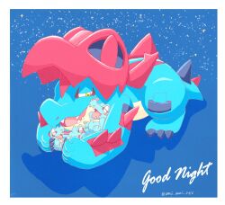  blue_claws blue_skin claws closed_eyes colored_skin crocodilian fangs feraligatr highres hood hood_up mega_feraligatr mega_pokemon no_humans open_mouth pokemon pokemon_(creature) pokemon_focus pokemon_legends:_z-a sharp_teeth smile spikes tail teeth totodile waniwani_(hyda7523) yellow_eyes 