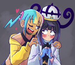  2girls ;d aqua_hair black_dress black_hair blonde_hair blush bob_cut canari_(pokemon) closed_mouth coat dark-skinned_female dark_skin dress eggtempest english_commentary gradient_hair gwynn_(pokemon) hands_on_another&#039;s_shoulders heart jacket long_sleeves looking_at_another multicolored_hair multiple_girls one_eye_closed open_clothes open_coat open_mouth pokemon pokemon_legends:_z-a purple_hair short_hair smile teeth upper_body upper_teeth_only white_coat yellow_jacket yuri 