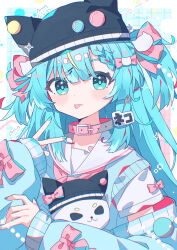  1girl :p animal_hat aramedraw black_hat blue_background blue_eyes blue_hair blue_nails blue_sweater blush bow cat_hat closed_mouth collar commentary_request fang fang_out grid_background hair_bow hand_up hat highres long_hair long_sleeves looking_at_viewer nail_polish neckerchief original pink_collar pink_neckerchief sailor_collar signature skin_fang sleeve_bow solo stuffed_animal stuffed_cat stuffed_toy sweater text_hair_ornament tongue tongue_out two_side_up upper_body v white_sailor_collar 