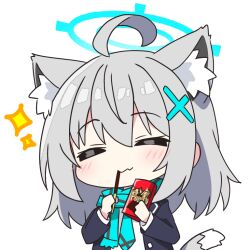  1girl ahoge animal_ear_fluff animal_ears blue_archive blue_halo blue_jacket blue_necktie blue_scarf blush chibi chibi_only closed_eyes closed_mouth commentary_request extra_ears fang fang_out food grey_hair hair_ornament halo holding holding_food jacket kotatsu-mazoku necktie open_clothes open_jacket pocky scarf shiroko_(blue_archive) shirt short_hair sidelocks simple_background skin_fang solo upper_body white_background white_shirt wolf_ears x_hair_ornament 