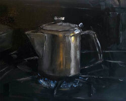  blue_fire english_commentary fire kettle no_humans object_focus oil_painting_(medium) original painting_(medium) pluvium_grandis still_life stove traditional_media 