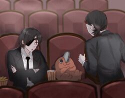  2girls :3 black_hair black_necktie chainsaw chainsaw_man collared_shirt crossed_arms cup eyepatch fangs food formal_clothes hair_ornament hairclip higashiyama_kobeni highres himeno_(chainsaw_man) iing_naoe looking_at_another medium_hair movie_theater multiple_girls necktie open_mouth pochita_(chainsaw_man) popcorn shirt short_hair suit white_shirt 