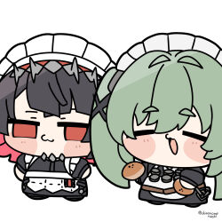  2girls :3 apron black_hair blush chain chibi chibi_only closed_eyes closed_mouth colored_inner_hair corin_wickes ellen_joe food full_body green_hair hair_ornament hairband highres holding holding_food long_hair looking_at_another maid maid_apron maid_headdress metal_hairband multicolored_hair multiple_girls open_mouth red_eyes screw_hair_ornament shark_girl shinonome_nashi short_eyebrows short_hair simple_background spiked_headband steamed_bun thick_eyebrows twintails twitter_username white_apron white_background zenless_zone_zero 