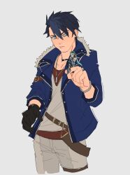  1boy 1girl absurdres black_gloves black_hair blue_eyes blue_hair bracelet dog_tags eiyuu_densetsu elbow_gloves english_commentary frown fur_trim gloves grey_background hair_between_eyes hair_slicked_back highres jewelry kenjocatze kuro_no_kiseki_(series) kuro_no_kiseki_ii long_hair mare_(eiyuu_densetsu) multicolored_hair parted_bangs parted_lips short_hair simple_background single_glove streaked_hair twintails two-tone_hair upper_body van_arkride very_long_hair 