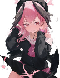  1girl absurdres black_hat black_shirt black_wings blue_archive closed_mouth commentary facing_viewer feathered_wings halo hands_up hat head_wings highres koharu_(blue_archive) lirn long_hair long_sleeves looking_down low_wings neckerchief pink_eyes pink_hair pink_halo pink_neckerchief school_uniform shirt simple_background solo umbrella white_background wings 