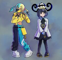  2girls aqua_hair aqua_pants belt belt_buckle black_dress black_eyes black_hair black_pants black_shoes blonde_hair blue_gloves bob_cut buckle canari_(pokemon) closed_mouth coat cropped_jacket dark-skinned_female dark_skin dress eggtempest english_commentary full_body gloves gradient_hair gwynn_(pokemon) hat jacket long_sleeves looking_at_viewer mask midriff mouth_mask multicolored_hair multiple_girls o-ring o-ring_belt one_eye_closed open_clothes open_coat open_jacket pants partially_fingerless_gloves pokemon pokemon_legends:_z-a purple_hair shoes short_hair split-color_hair standing twintails two-tone_pants white_shoes yellow_jacket 
