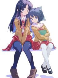  2girls akayama_yukihe between_legs black_hair black_pantyhose black_shoes blue_eyes blue_hair blunt_ends bob_cut book bow bowtie brown_shoes cardigan closed_mouth commentary couch crossed_ankles full_body hand_between_legs highres holding holding_book invisible_chair kawana_misaki kouzuki_mio leaning_to_the_side loafers long_hair looking_at_viewer mary_janes medium_hair miniskirt multiple_girls on_couch one_-_kagayaku_kisetsu_e open_mouth pantyhose pink_bow pink_bowtie red_skirt sailor_collar school_uniform serafuku shoes sidelocks simple_background sitting skirt sleeves_past_wrists smile straight_hair thigh-highs v_arms white_background white_sailor_collar white_thighhighs yellow_cardigan 