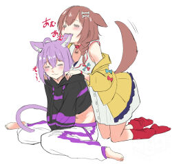  2girls animal_ears barefoot biting biting_ear black_hoodie blush braid brown_hair cat_ears cat_girl cat_tail closed_eyes closed_mouth collar commentary cropped_hoodie dog_ears dog_girl dog_tail dress hands_on_another&#039;s_shoulders highres hololive hood hoodie inugami_korone inugami_korone_(1st_costume) jacket karakr_shin long_hair multiple_girls nekomata_okayu nekomata_okayu_(1st_costume) pants purple_hair red_socks simple_background socks symbol-only_commentary tail translation_request twin_braids white_background white_dress white_pants yellow_jacket yuri 