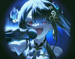  1girl asymmetrical_horns bare_shoulders black_hair blue_hair close-up demon_horns eyelashes half-closed_eye highres holding holding_microphone hololive hololive_english horns insfidelie long_hair microphone mole mole_under_eye nerissa_ravencroft nerissa_ravencroft_(1st_costume) open_mouth slit_pupils solo uneven_horns upper_body violet_eyes virtual_youtuber 