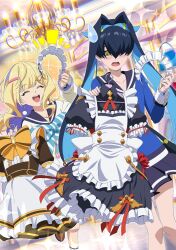  2girls aqua_hair black_hair blonde_hair blue_shirt bow bowtie closed_eyes clothes_hanger dress hair_ornament hair_over_one_eye hairpin highres holding holding_clothes_hanger holding_headdress holding_unworn_clothes holding_unworn_dress indoors long_hair miki_shinobu_(shadowverse_flame) multicolored_hair multiple_girls open_mouth purple_hair sailor_collar shadowverse shadowverse_(animated_series) shadowverse_flame shirt skirt snc_net18bk2 sparkle striped_bow striped_bowtie striped_clothes sweatdrop takanashi_tsubasa_(shadowverse_flame) teeth unworn_dress upper_teeth_only yellow_eyes 