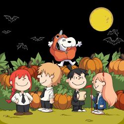  2girls 3boys bat_(animal) black_hair black_necktie black_suit blonde_hair blue_jacket braid braided_ponytail chainsaw_man commentary cosplay crossover denji_(chainsaw_man) derivative_work english_commentary full_moon hayakawa_aki heyreza.art highres horns jacket makima_(chainsaw_man) moon multiple_boys multiple_girls necktie parody peanuts_(comic) pink_hair pochita_(chainsaw_man) pochita_(chainsaw_man)_(cosplay) power_(chainsaw_man) pumpkin red_eyes red_horns second-party_source shoes sidelocks single_braid snoopy style_parody suit topknot white_shoes 